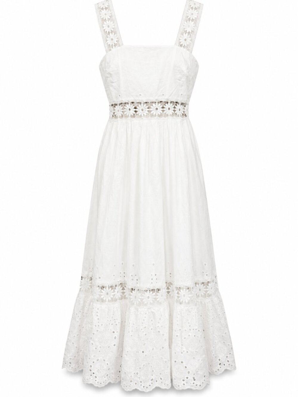 White Eyelet Midi Dress with Lace Straps
